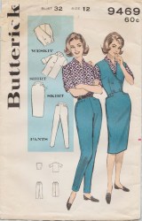 9469 BUTTERICK 1961 MISS 2 BREASTED WESKIT, SHORT SLEEVE SHIRT, SKIRT, PANTS PATTERN 14 34"B